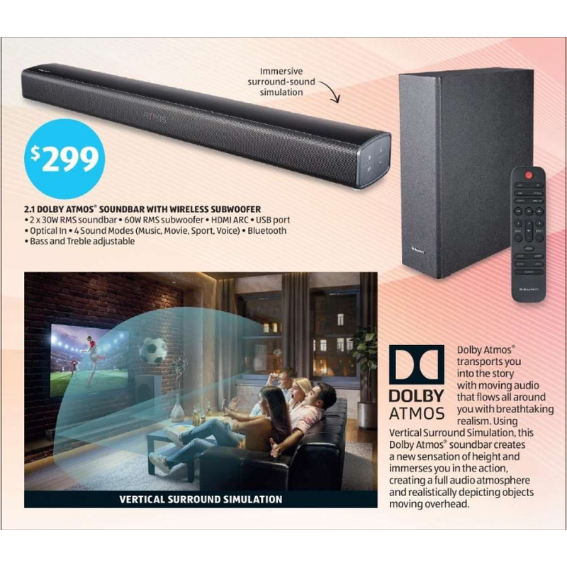 BAUHN 2.1 DOLBY Atmos Sounbar with Wireless Subwoofer BLUETOOTH