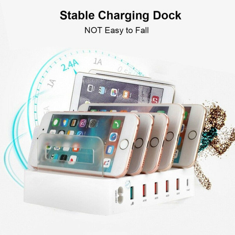 6 Port USB Charger Fast Mobile Phone Charging Station Dock Stand Holder 100-240V