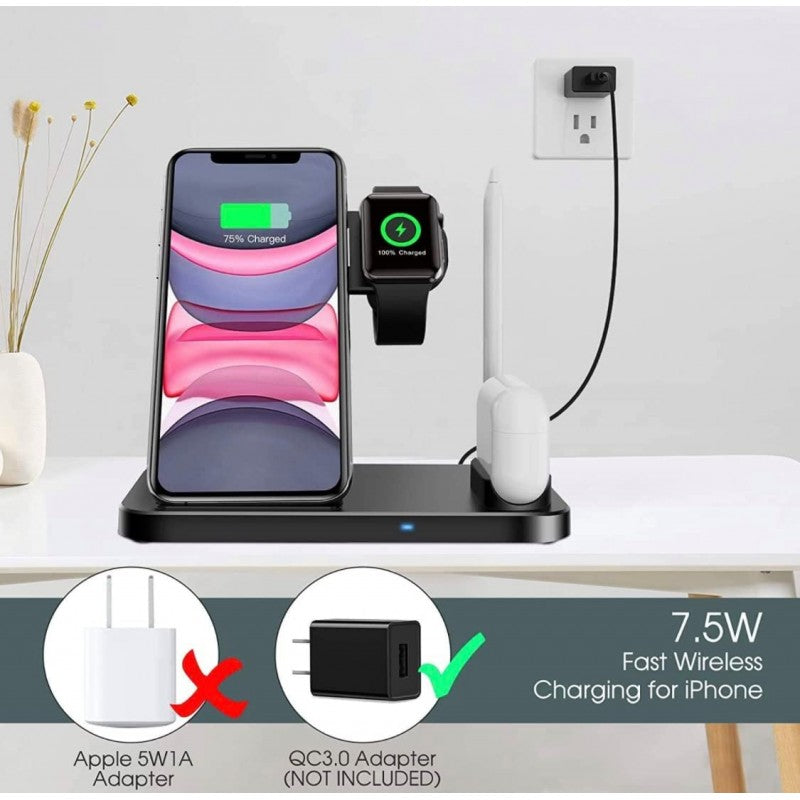 PBuddy 4in1 Wireless Charger, Fast Charging Station, Compatible With Pen IWatch, Airpods Pro, Compatible With IPhone 1112 13 14pro Max/X/XS/XR/Xs 8 Plus, Samsung Galaxy S20/S10 (Adapter Inc)