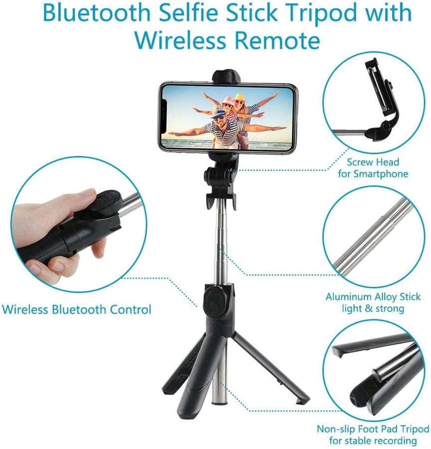 Pbuddy Wireless Selfie Stick, 360° Adjustable Remote Selfie Stick with Tripod Stand and Detachable Wireless Remote, Support Video Record, Extendable Monopod for iPhone 15 14 13 12, Galaxy Android Machines