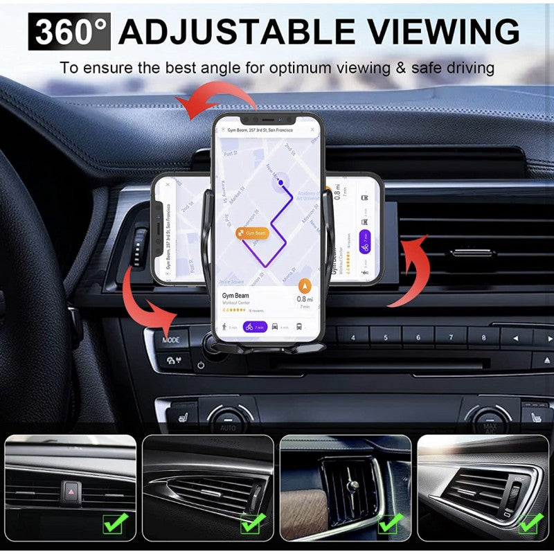 PBuddy 15W Fast Charging Auto Clamp Car Phone Wireless Charger Holder Mount Smart Sensor Mount Air Vent Smartphone Holder (Black)