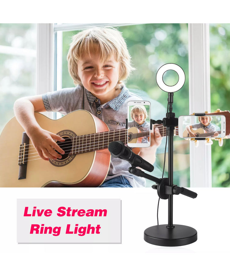 Selfie Ring Light, Desk Ring Light, 3-in-1 Design Combines Phone Holder, Selfie Ring Light and Mic Stand Together, Streaming Lights, LED Portable Desk Makeup Ring Light with Adjustable Control Wire