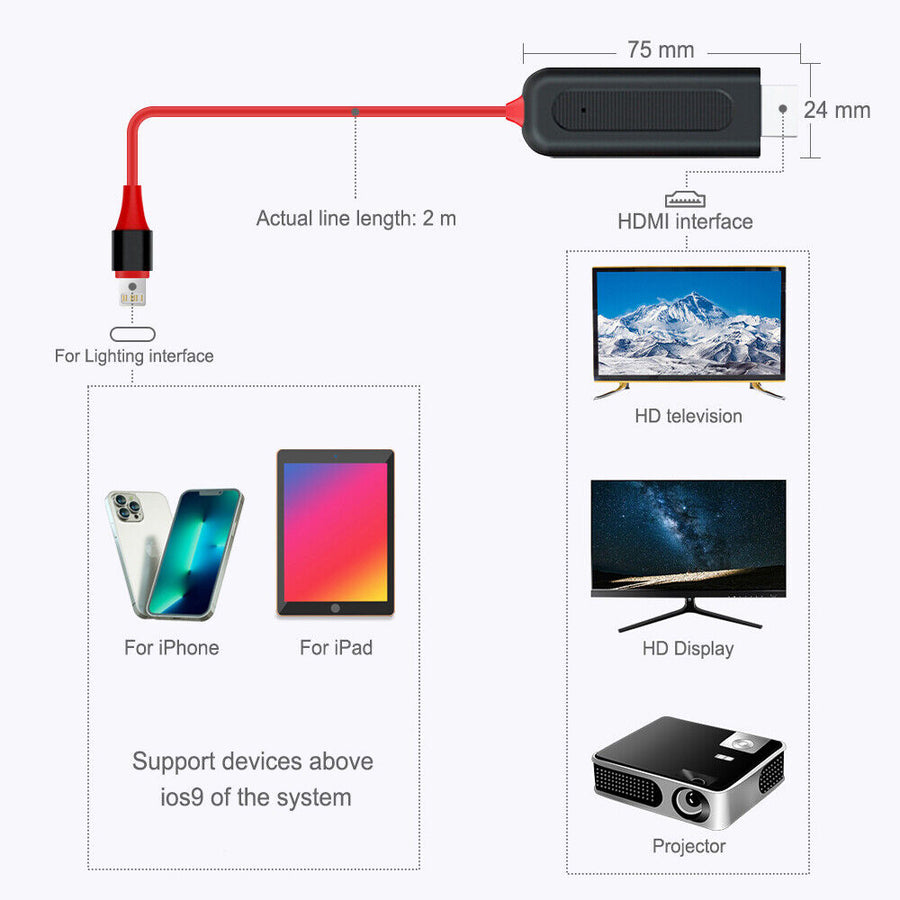 Pbuddy Lightning to HDTV Cable 1080P Digital AV Cord for TV projector Plug and Play