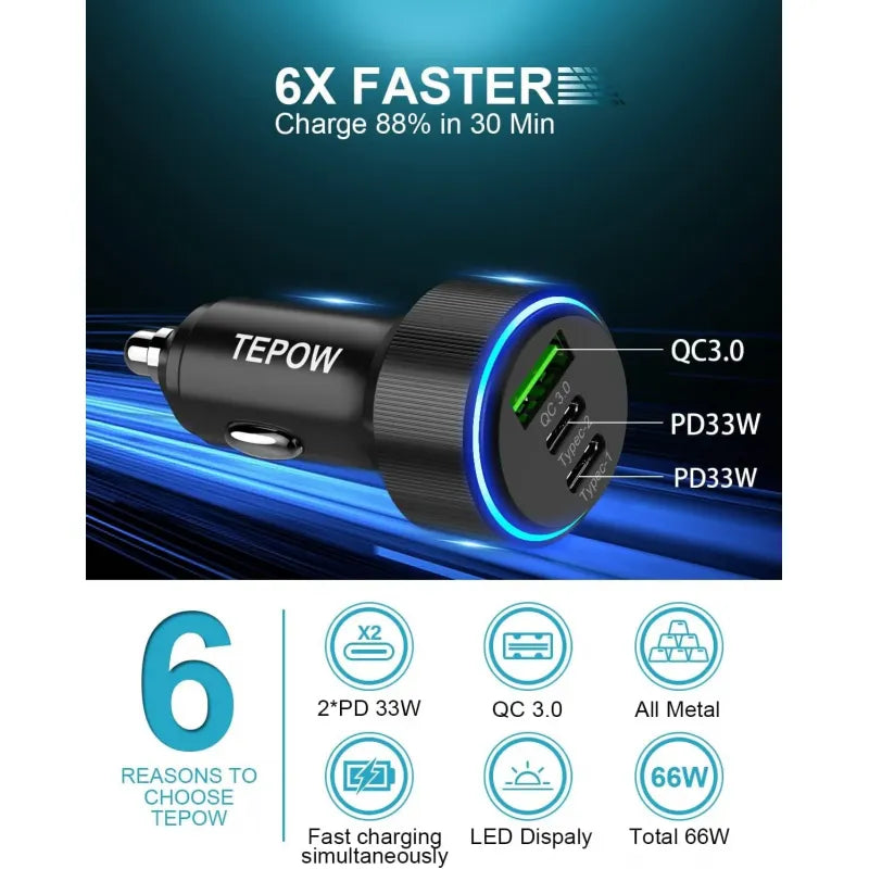 USB C Car Charger Adapter 66W, 3 Port USB Car Charger Fast Charge With USB C Cable, PD&QC3.0 Car Phone Charger Cigarette Lighter For Samsung Galaxy S22 Ultra/S21/S20,IPhone 15 14 13 12 Pro Max,IPad
