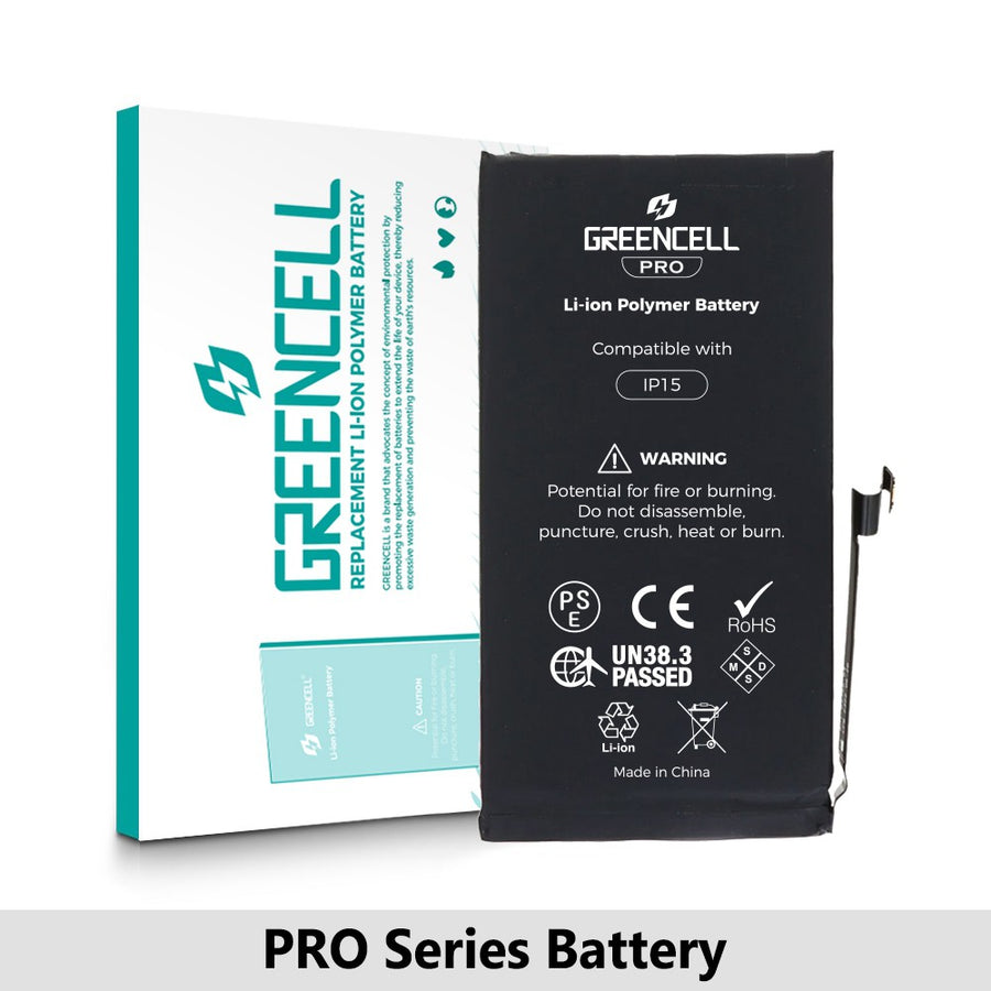 Greencell PRO series-iPhone 15 Replacement Battery with Adhesive Strips 3349mAh (TI chip -27546-A3 IC & Original Cell)