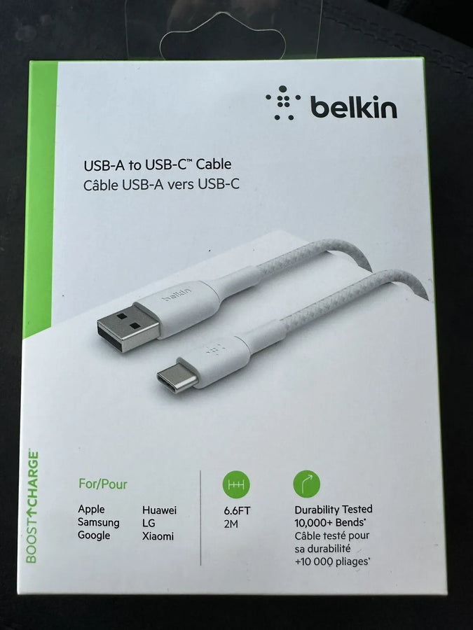 Belkin Boost Charge USB-A to USB-C Cable 6.6FT Durable Braided WHITE