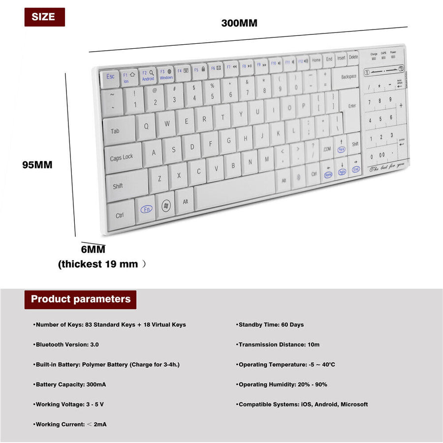 BT 3.0 Mini Wireless Keyboard with Touchpad Mouse for Windows iOS Android