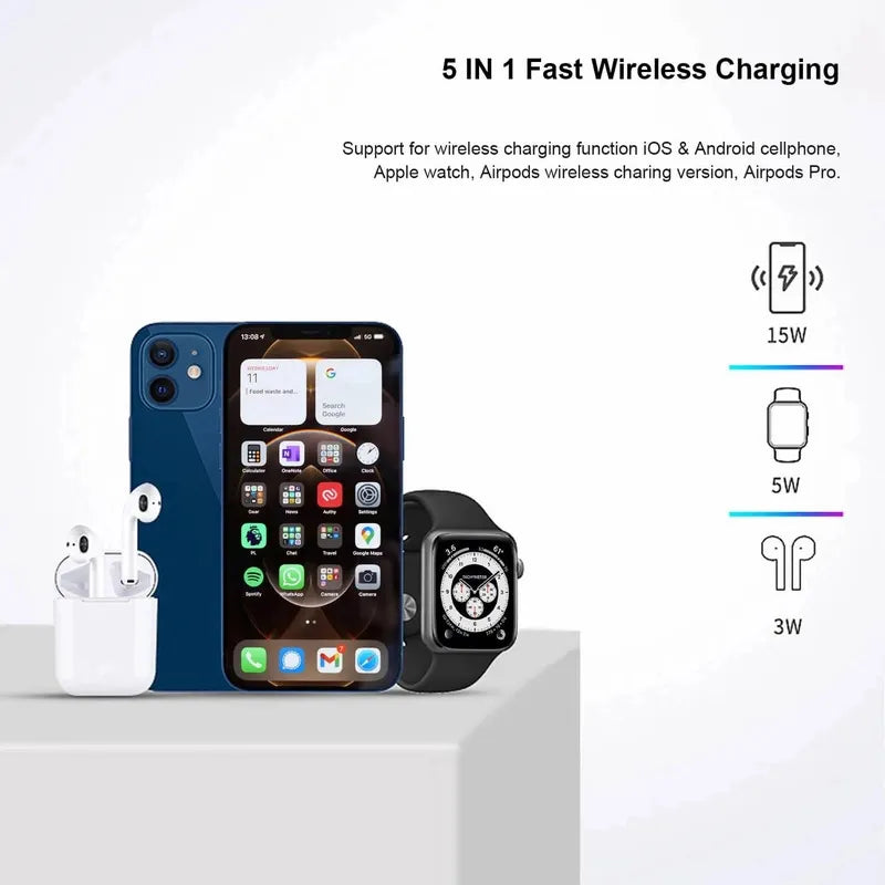 Pbuddy Original 5 In 1 Magnetic Wireless Charger Stand, 15W Qi Fast Charging Dock Station Holder LED Night Light Compatible With Magsafe IPhone 14/13/12 Pro Max Mini, IWatch SE/8/7/6/5/4/3/2, AirPods 3/2/Pro